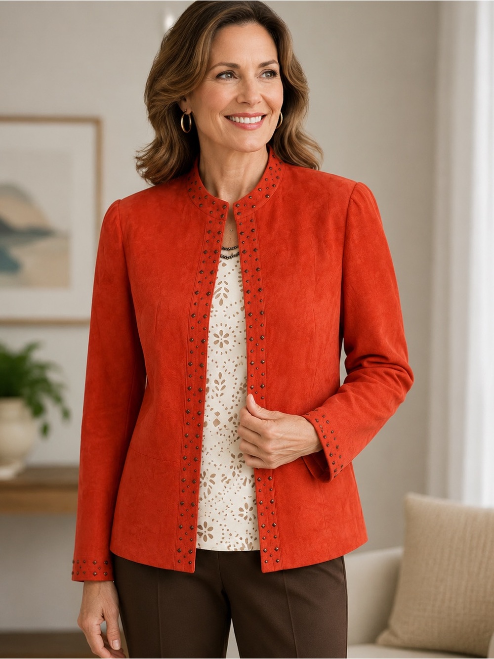 ALFRED DUNNER Orange Long Sleeve Collarless Faux Suede Studded Jacket